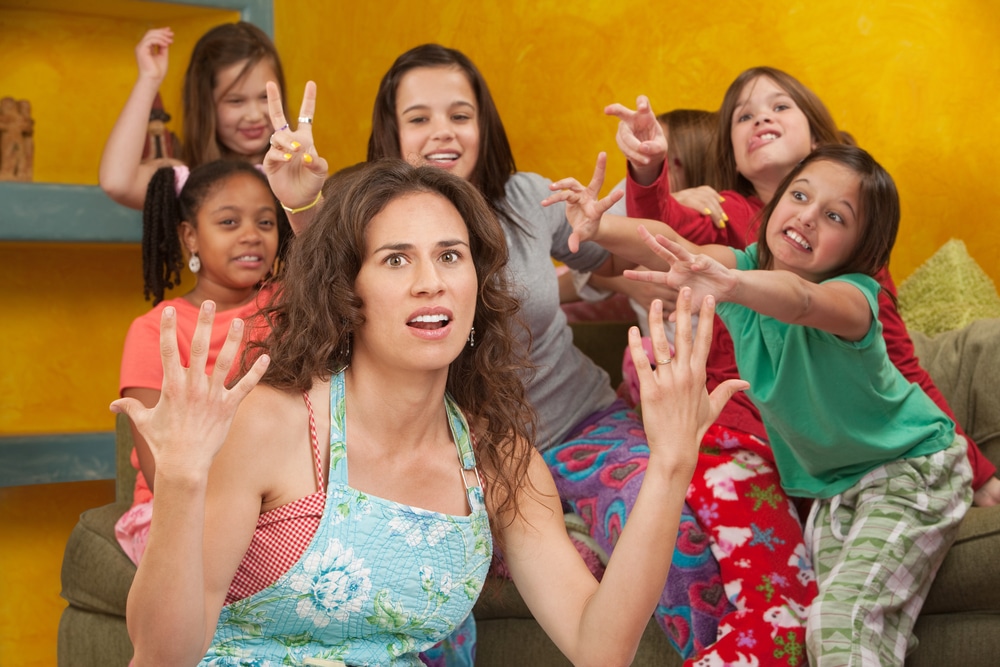 stressed mother with group of kids