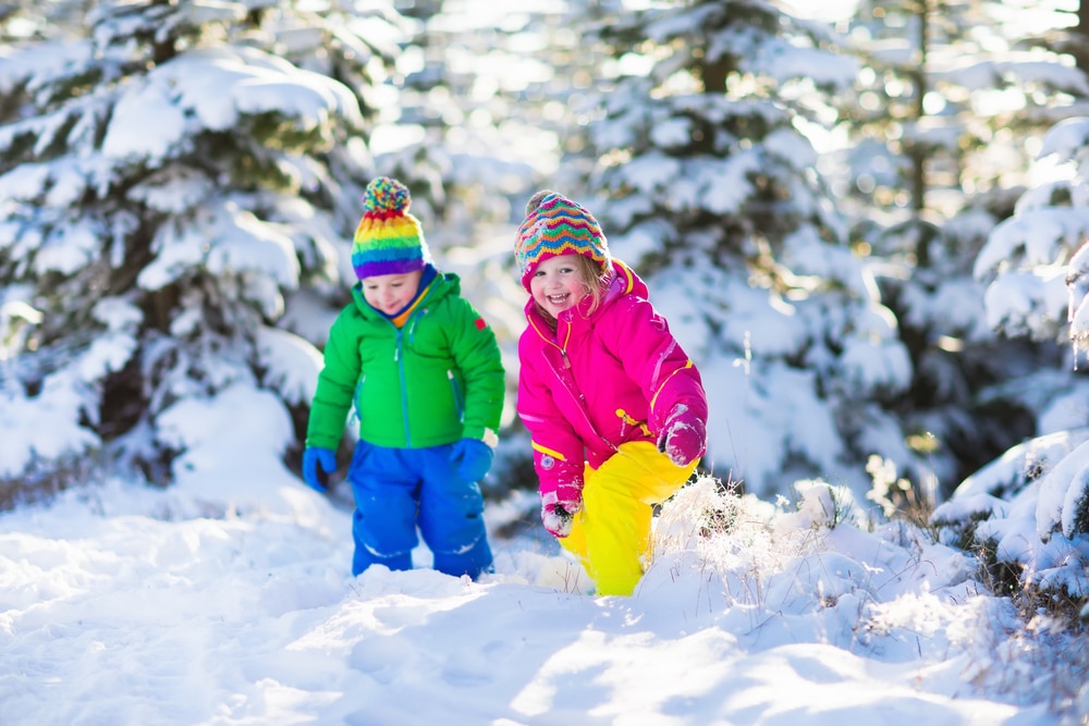 Children,Play,In,Snowy,Forest.,Toddler,Kids,Outdoors,In,Winter.